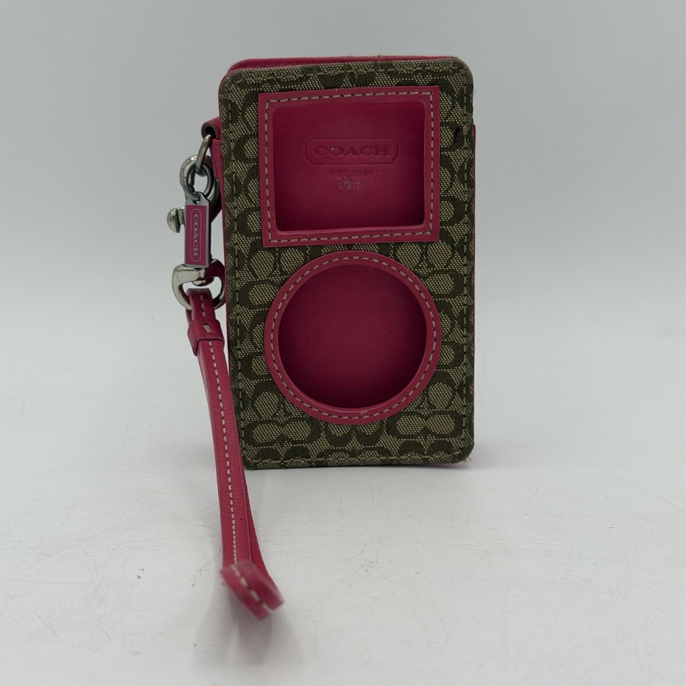 Coach Signature Canvas & Leather Tan Pink iPod Player Fitted Case Wrist Strap